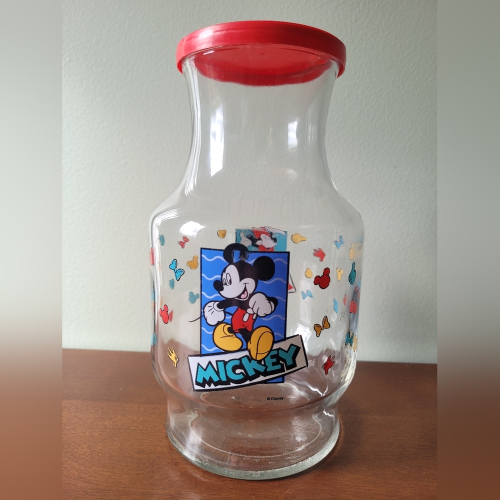 Disney Mickey Minnie Carafe 6 Cup Juice Container Glass Lid Red